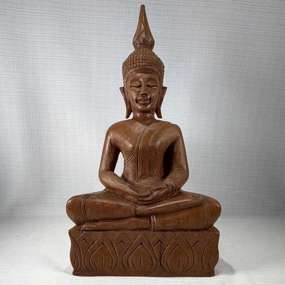 Vintage Hand Carved Wooden Meditating Buddha Statue Seated Lotus Figurine 11"